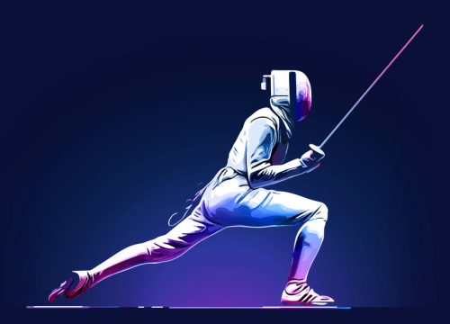 Fencer. Man wearing fencing suit practicing with sword. Sports arena and lense-flares. Neon effect. Vector illustration